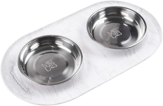 Messy Cats Double Silicone Feeder with Stainless Saucer Shaped Bowl | Anti-Slip Non-Skid Cat Food Bowls | Two Cat Bowls in Feeding/Water Station | 1.75 Cups per Bowl (Marble)
