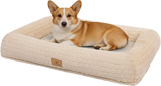 Plush Orthopedic Dog Bed for Medium Large Dogs, Memory Foam Bolster Sofa Bed with Removable Washable Cover, Waterproof Lining & Non-Slip Bottom (Tan-S)