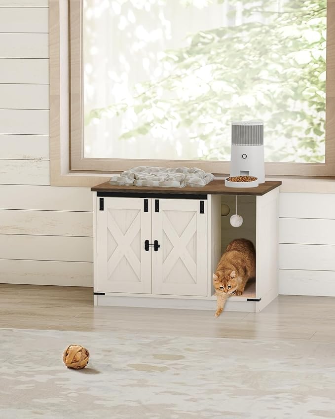 Hzuaneri Cat Litter Box Enclosure, Hidden Litter Box Cabinet Furniture with Bell, Indoor Cats House, Farmhouse Style, 31.5 x 19.7 x 20.9Inches, for Hallway, Bedroom, Rustic Brown and White CB82414X