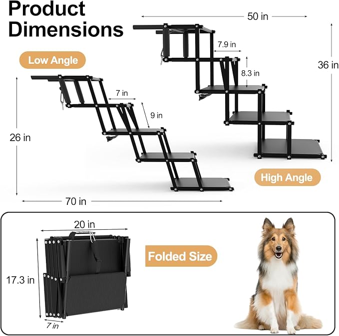 Extra Wide 5 Steps Dog Stairs for Large Dogs, Foldable DogRamp for Car with Non-Slip Surface, Pet Stairs DogStairs for car, Dog Steps for Cars, SUV, High Beds, Truck, Supports up to 250 lbs