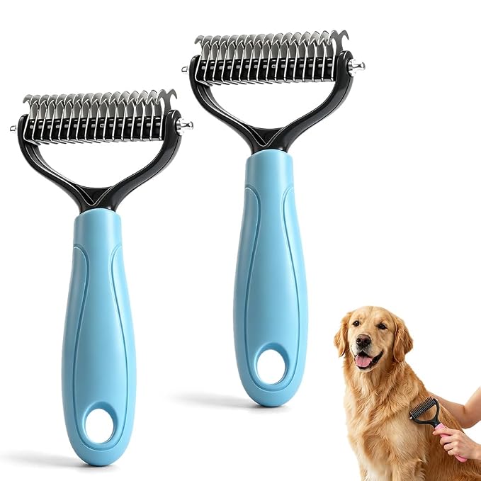 2-in-1 Dematting Comb for Dogs Cats, Double-Sided Undercoat Rake Deshedding Brush, Pet Pro Grooming Tool Removes Tangles Knots Fur, Gentle Grooming Brush for Long Haired Pets (2PCS, Blue)