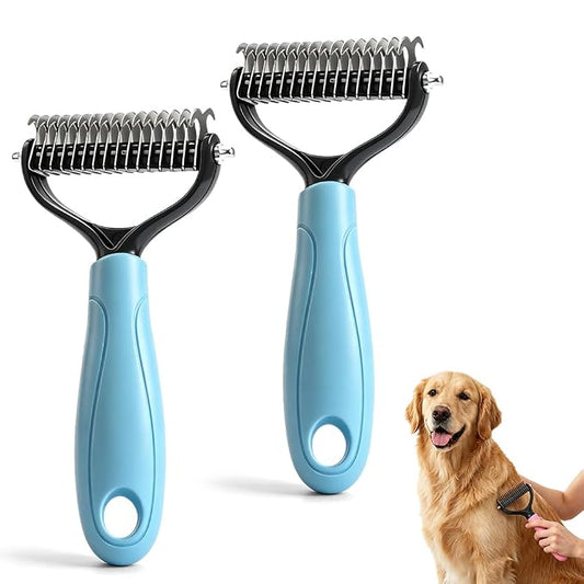 2-in-1 Dematting Comb for Dogs Cats, Double-Sided Undercoat Rake Deshedding Brush, Pet Pro Grooming Tool Removes Tangles Knots Fur, Gentle Grooming Brush for Long Haired Pets (2PCS, Blue)