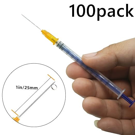 100 Pack 1ml 25Ga Plastic Syringe with Measurement for Scientific Labs, Industrial Dispensing Animal and Pet Supplies, Disposable Individually Wrapped (100, 1ml 25Ga)