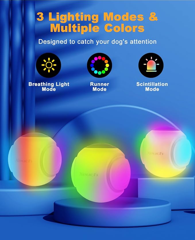Xeuch Light Up Dog Balls, LED Dog Toy Ball Rechargeable, Bounce-Activated Durable Fetch Ball Grow in The Dark, Night Glowing Dogs Toys, Natural Rubber, Color Changing LED, 2.5 inches-Blue