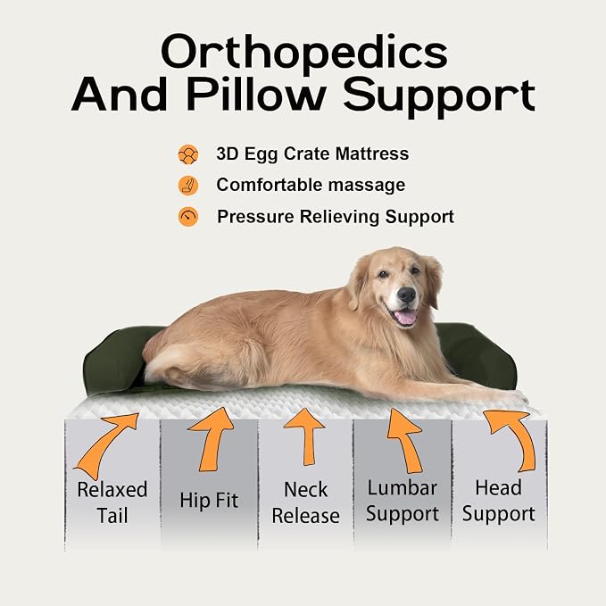 Large Dog Bed Orthopedic Washable - Removable Waterproof Cover Bed Pet - Large Big Dogs - Memory Foam - Couch Sofa with Removable Bolster - Outpost Olive Dog Bed
