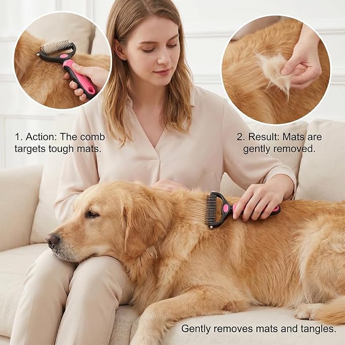 Universal Pet Detangling Comb for Dogs — Double-Sided Stainless Steel Grooming Tool for Coat Care, Dematting Comb for Dogs and Cats (1PC Pink)