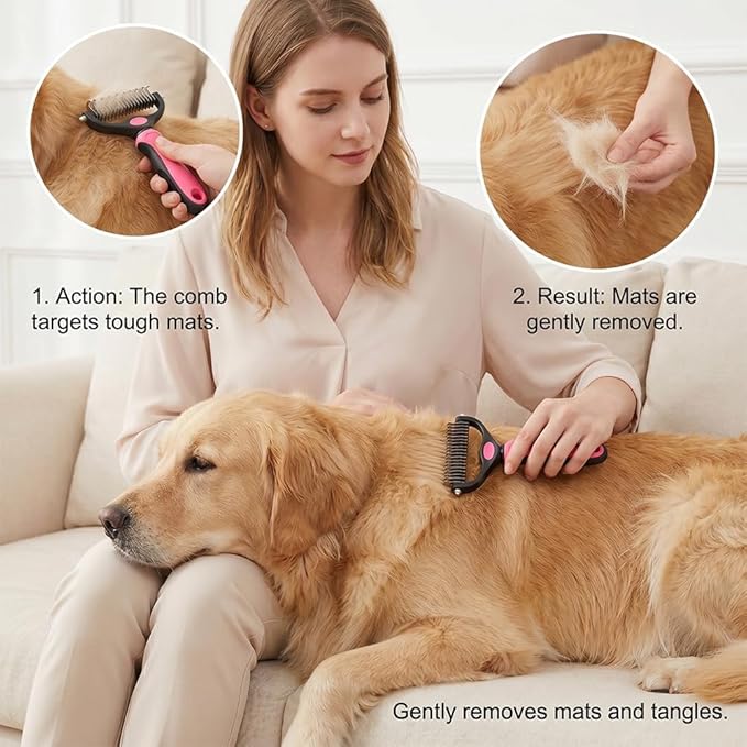 Universal Pet Detangling Comb for Dogs — Double-Sided Stainless Steel Grooming Tool for Coat Care, Dematting Comb for Dogs and Cats (2PC Blue+Pink)