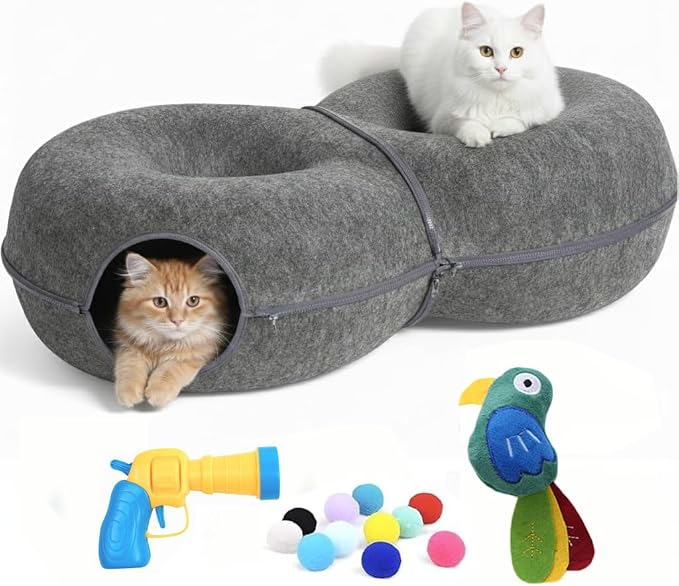 Trivon Peekaboo Cat Tunnels for Indoor Cats, Cozy Indoor 8-Shaped Donut Hideaway Bed with 12 Toy Balls, Bonus Bird Toy and Toy Gun, Scratch-Resistant, Detachable & Washable Design