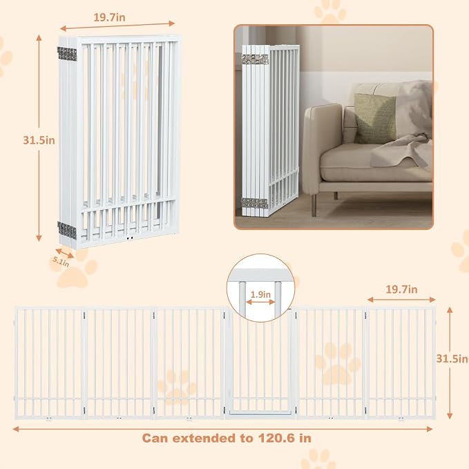SMONTER Freestanding Dog Gate with Door Walk Through, 120'' Extra Wide Indoor Dog Fence, 31.5'' H 6 Panels Foldable Metal Pet Puppy Gate for Stairs, Hallways, Doorway, White