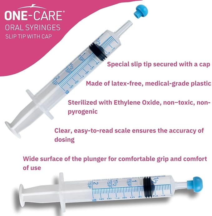 100 Pack, ONE-CARE 10ml Oral Syringe with Cap - Sterile, Individually Wrapped - (100 Syringes 10ml), Slip Tip, Uses include oral administration of medicine for infants, adults and animals