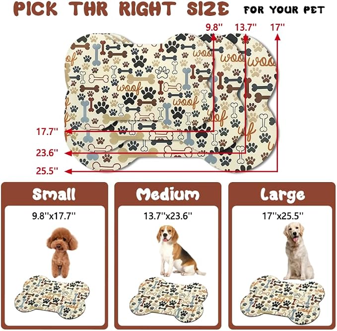 Dog Food Mats for Floors Waterproof, Pet Feeding Absorbent Water Bowl Mat Cat Placemats Beige Bone Shape 19 * 12 inch