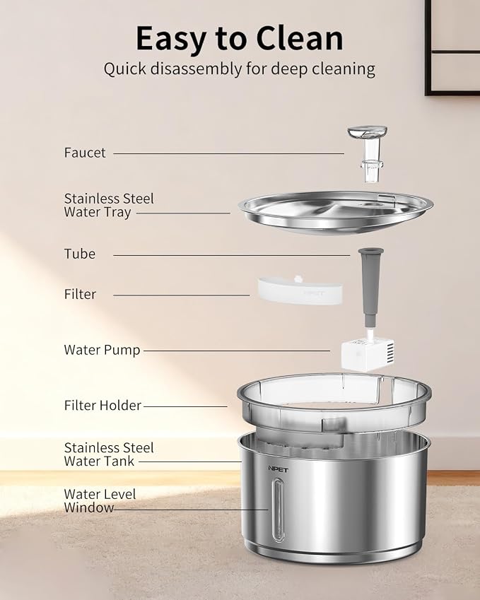 NPET Stainless Steel Cat Water Fountain, 1Gallon/135oz Automatic Pet Drinking Fountain Dog Water Dispenser with 4 Replacement Filters for Cats Indoor