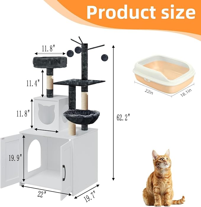 Cat Tree with Litter Box, Wood Litter Box Enclosure with Food Station, Modern Cat Tower for Indoor Large Cats with Large Platform,Cat Condo with Scratching Posts, Hammock, Caves, Basket,White