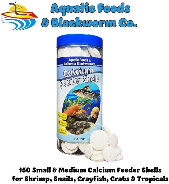 Calcium Feeding Shells, Small & Medium for Shrimp, Snails, Crabs, Crayfish, Plecos, Catfish, All Tropical Fish, 4-Type Wafer & 12-Type Pellet Mix Included 150 Count Canister