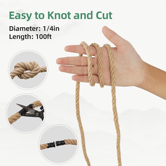 Jute Rope 1/4in100ft Natural Material Heavy Duty Jute Rope Twisted for Indoor Outdoor Crafts, Nautical, Tug of War, Railing, Hammock, Swing, Gardening