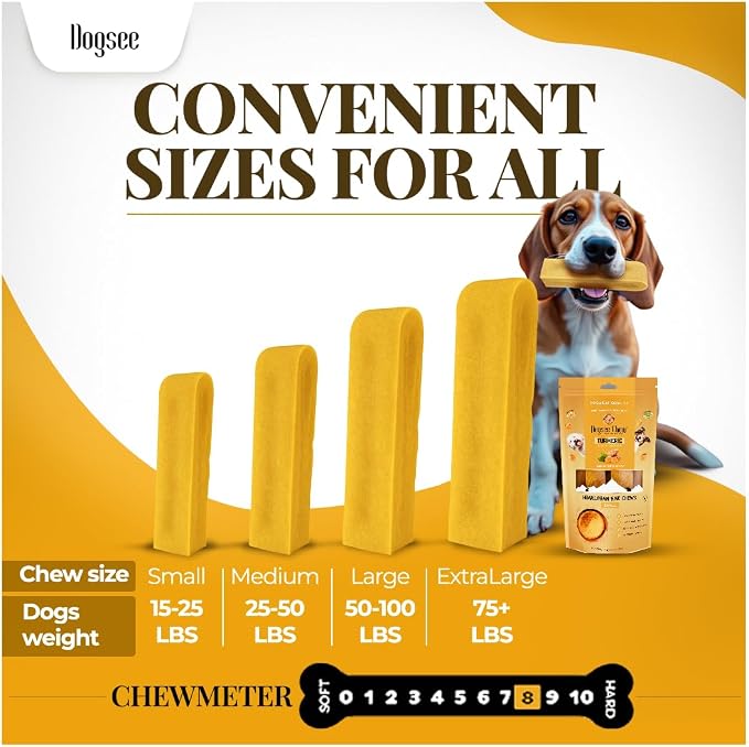 Dogsee Himalayan Yak Cheese Dog Chews with Turmeric/Curcumin 2lb (Large - 8 Chews) 60% Protein, Healthy Hip & Joint Health Support for Dogs Long Lasting Dental Treats