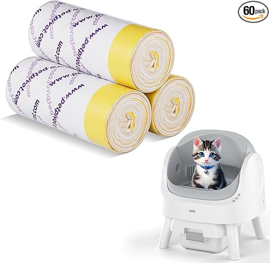 60 Count Litter Box Liners Bags,Compatible with Autoscooper 11 Open-Top Automatic Litter Box,3 Rolls Drawstring Trash Bags,23.62 x 11.81 Inches（3 Packs/60 Counts）