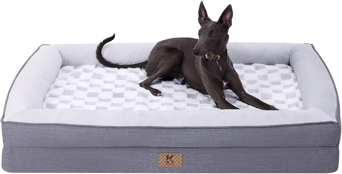 KSIIA Big Dog Bed for XL Dogs, Orthopedic Egg-Crate Memory Foam Pet Bed with Sides, Waterproof Lining and Non Slip Pet Couch with Removable Washable Cover, 44 x 32 Inch, Grey