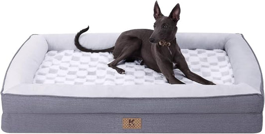 KSIIA Big Dog Bed for Jumbo Large Dogs, Orthopedic Egg-Crate Memory Foam Pet Bed with Sides, Waterproof Lining and Non Slip Pet Couch with Removable Washable Cover, 53 x 40 Inch, Grey