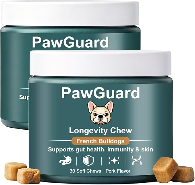 PawGuard French Bulldog Longevity Chews, Breed-Specific Formula Supplement for Bulldogs' Probiotics Chews, Supports Gut Health, Immunity & Skin, Pork Flavor, 30 Count (2 PCS)