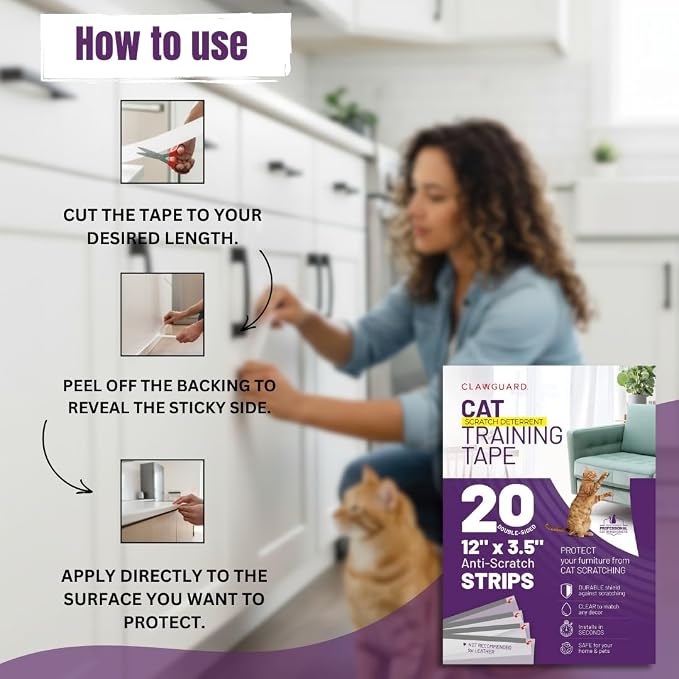 CLAWGUARD Cat Training Tape Strips – 20 Pre-Cut Double-Sided Anti Scratch Shields (12x3.5 in) – Cat Scratch Furniture Protector for Sofa & Surfaces