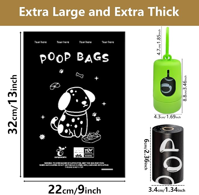 100% plant-based Dog Poop Bags Rolls, ASTM D6400 & EN 13432 Compliant, 120 waste bag including dispenser, 13 in × 9 in black poop bags for dogs, Super thick 100% leak proof