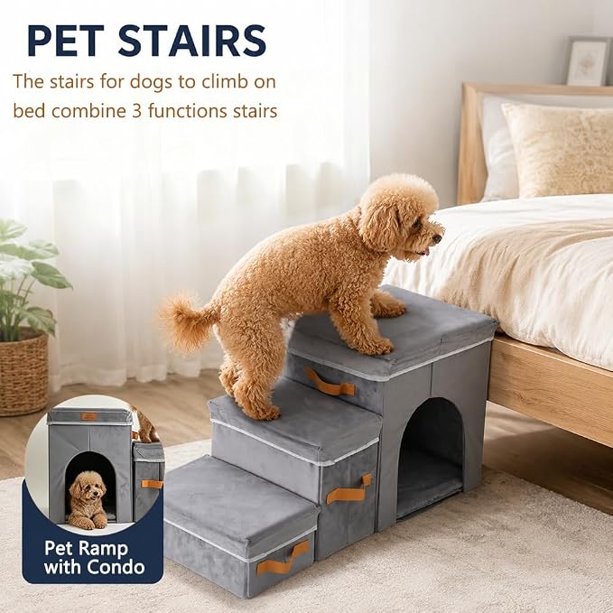 24" H Dog Stairs for High Beds,150 Lbs Capacity | Foldable and 3-Step design with storage & condo compartment, suitable for dogs & cats climbing bed, sofa and car