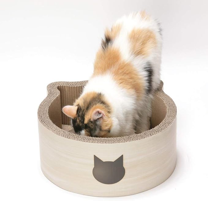 Necoichi Cat-Headed Scratcher Bed (Birch, Regular) | Cardboard Cat Scratcher Bowls for Indoor Cats - Cat Scratching Board, Cat Scratch Pad Reversible Usability and Extra Comfort for Lounge
