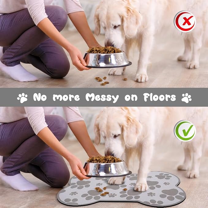 Dog Food Mats for Floors Waterproof, Pet Feeding Absorbent Water Bowl Mat Cat Placemats Gray Bone Shape 25.5 * 17 inch