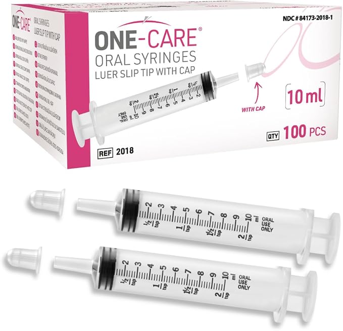 Pack of 100, ONE-CARE 10ml Oral Syringe with Cap, Latex-free, 100 Oral Dispensers - 10ml, Prolonged Slip Tip, Uses include oral administration of medicine for infants, adults and animals