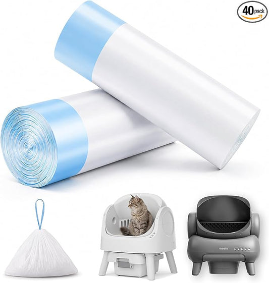 Cat Litter Bags 40 Count,26.37"x15.74" Drawstring Closure Litter Box Liners for Automatic Litter Box,Heavy Duty Cat Poop Bags,Thick Tear-Resistant Waste Bags for Self-Cleaning Box Replacement