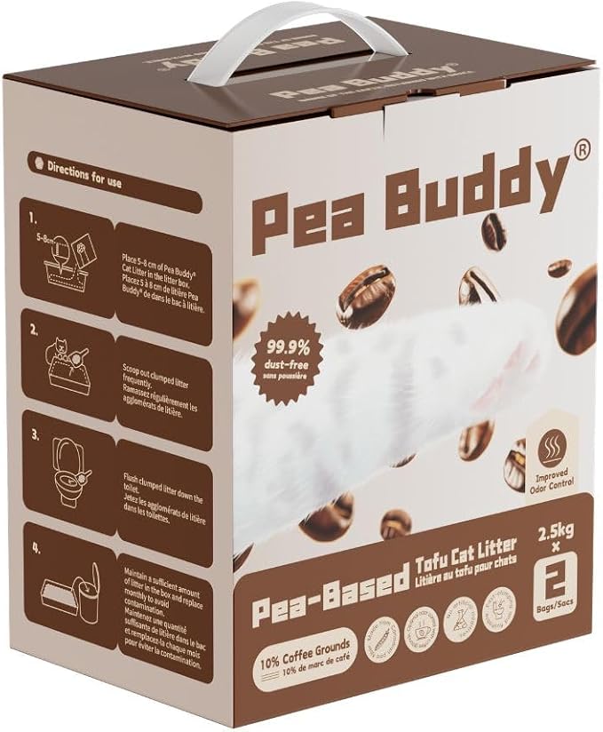 Pea Based Pea Buddy The 10% Blend Tofu Cat Litter, Dust Free, Low Tracking, and Natural Odor Control, Flushable, Natural Ingredients (2 Bags, Coffee Grounds)