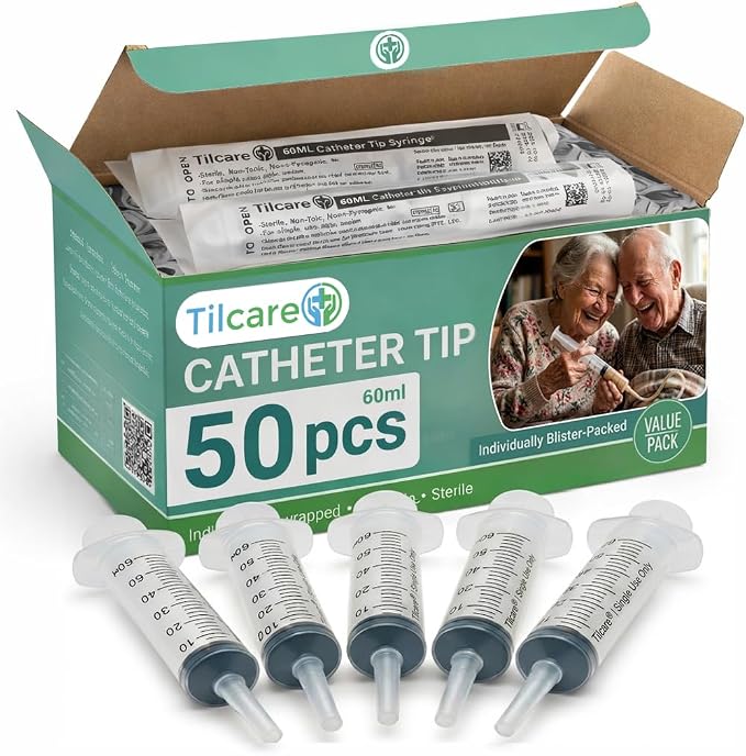 60ml Catheter Tip Syringe with Covers 50 Pack by Tilcare - Sterile Plastic Medicine Food Droppers for Children, Pets or Adults – Latex-Free Oral Medication Dispenser - Large Feeding Tube Syringes