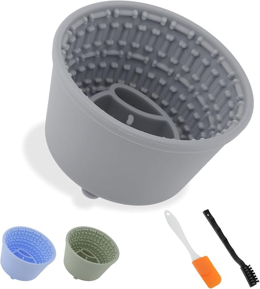 Slow Feeder Dog Bowls, Silicone Dog Lick Bowl with Brush & Scraper, Non-Slip Base Slow Feeder for Anxiety Alleviating & Oral Health, Gray Blue
