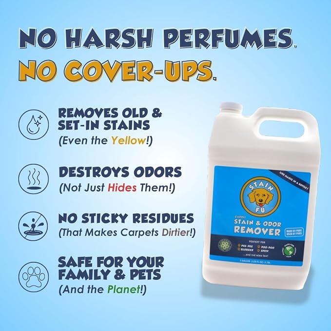 Pet Stain & Odor Remover – Professional Strength Carpet, Upholstery & Rug Cleaner for Dog & Cat Urine, Feces, Vomit, Coffee & Wine – Multi-Surface Odor Eliminator (1 Gallon)