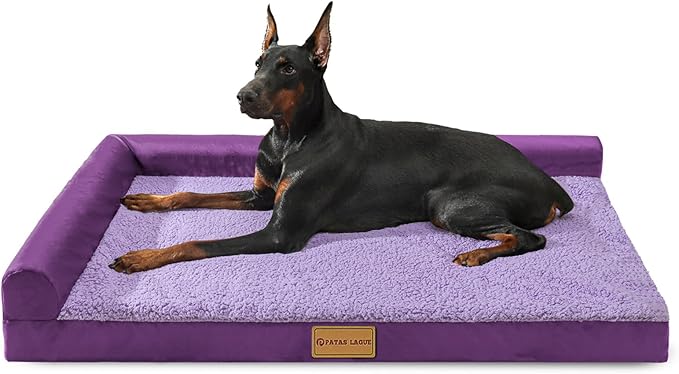 Patas Lague Orthopedic Jumbo Dog Bed for Extra Large Dogs 56''X40'', Waterproof L Bolster Jumbo Pet Sofa Beds with Removable Washable Cover, Soft Pet Couch Crate Mat with Nonskid Bottom, Purple