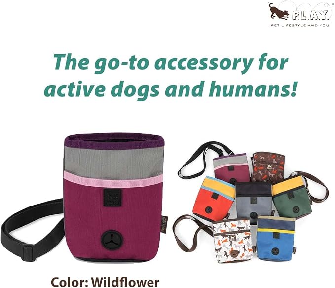P.L.A.Y. Scout & About Deluxe Training Treat Pouch with Poop Bag Dispenser - 3 Way Wear, Detachable & Adjustable Strap, Reflective Strips, Water-Resistant Back Zipper Pocket, Squeaker (Wildflower)
