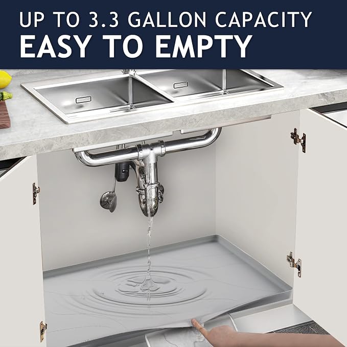 Heavy Duty Silicone Under Sink Mats for Kitchen Waterproof 31" x 19", Extra Thick Under Sink Rubber Mat Drip Tray, Raised Edge Under Sink Liner,Prevent Drips, Leaks, Spills,Grey