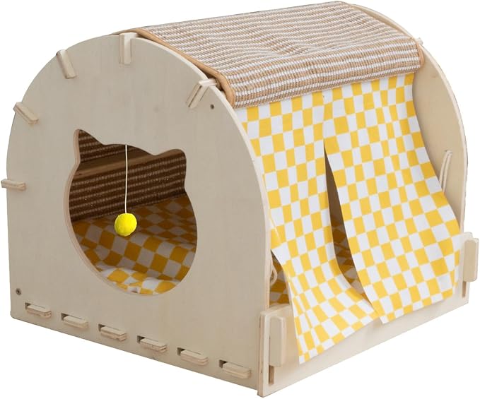 VARMTOR Cat Scratcher House, Cat Cave Wood, Cat Hiding Box Modern Kitten Bed with Scratch Pad and Fluffy Ball, Wooden Frame with Cushion and Curtains (M, Semicircle)