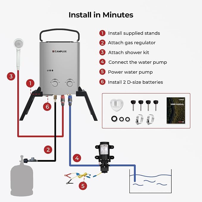 CAMPLUX 1.32 GPM Portable Outdoor Tankless Water Heater Propane Instant Hot Camping Shower Pump w/Freestanding Stand and Carry Bag, AY132GMax, Gray