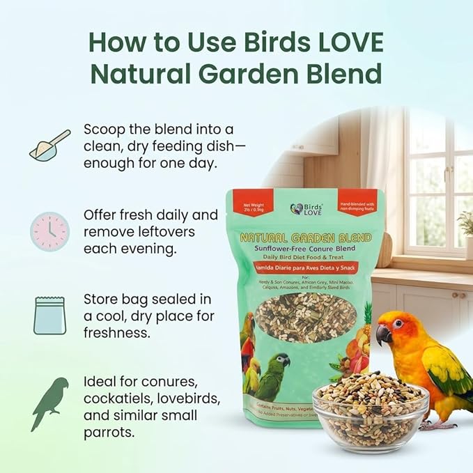 Birds LOVE Natural Garden Blend Conure Food, Sunflower Free Bird Seed Mix with Fruits, Nuts, Vegetables and Seeds, All Natural Daily Diet and Treat, 2 lb