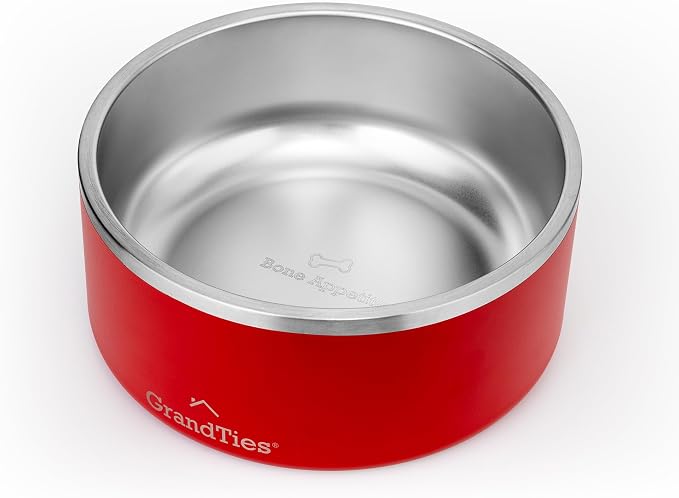 GrandTies Stainless Steel Dog Bowl | Engraved Reusable BPA-Free Insulated Pet Feeder | Large Heavy Duty Non Skid Spill Proof Dish | Outdoor Water Bowl (64oz, Cranberry)