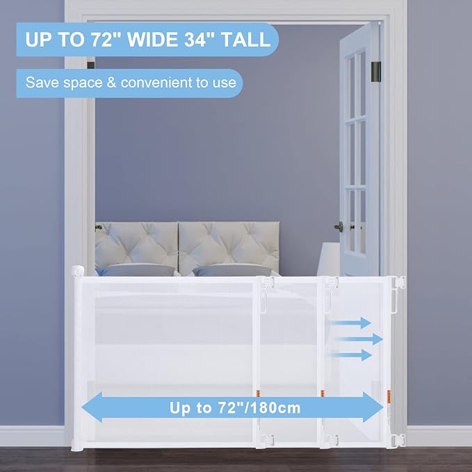PRObebi Retractable Dog Gate - 34" Tall, Extends to 72" Wide, Safety Gate for Indoor/Outdoor/Stairs/Doorways/Deck/Banisters