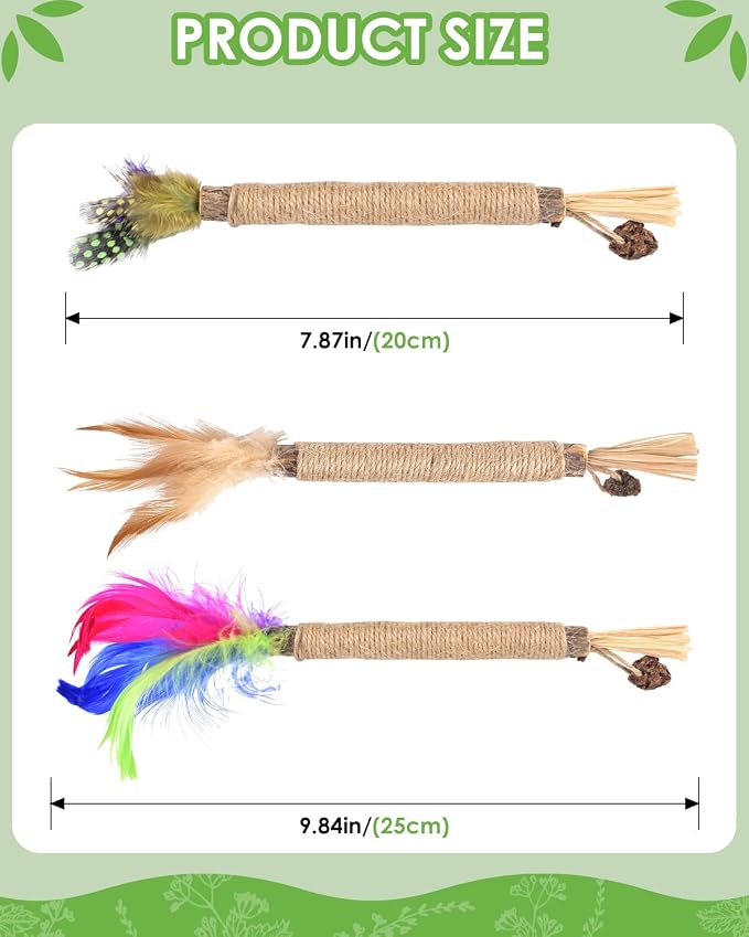 TINDTOP Silvervine Sticks for Cats with Natural Feather, Catnip Chew Toys | for Kittens Teeth Cleaning, Increase Appetite, Calm Cat Anxiety and Stress, Cat Dental Toy, 3 Pack