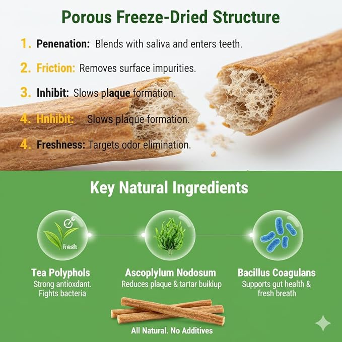 Freeze-Dried Cat Dental Treats Chicken Flavor, 100g Cat Chew Sticks to Freshen Breath & Control Tartar, Dental Care Snacks for Adult Cats & Kittens
