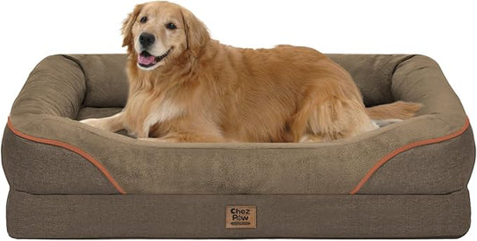 Chez Paw Large Orthopedic Dog Bed for Extra Large Dogs, Waterproof XL Egg-Crate Foam Dog Bed with Removable Washable Cover & Non-Slip Bottom, 4-Sided Bolster Support, Coffee 42"x30"x7.5"