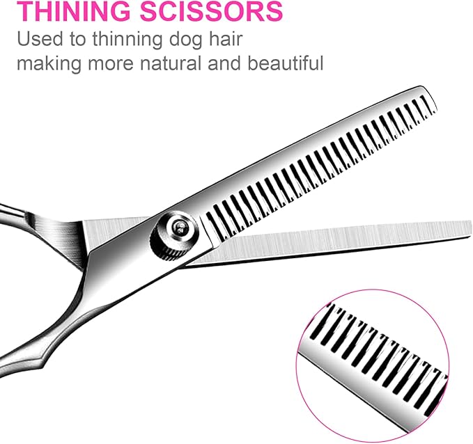 TINMARDA Dog Grooming Kit, Professional Stainless Steel Dog Grooming Scissors with Curved Shears, Pink Finger Rings - 4 Piece Sharp Durable Pet Shears for Dogs Cats At Home Salon-Quality Grooming