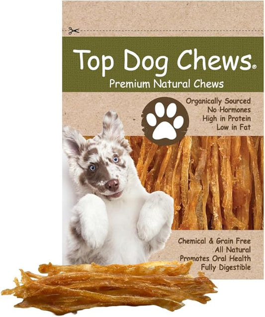 Top Dog Chews Turkey Tendon Dog Treat – 8 OZ All Natural USA Sourced, Human Grade Dog Chew, Hypoallergenic, Rawhide Alternative, Chewy High Protein Chews for Dogs (8 OZ, Turkey)