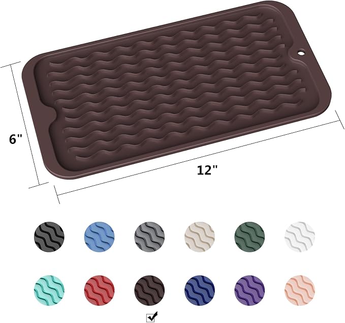 ZLR Silicone Sink Caddy Tray (6" x 12" / 153 x 305mm) - Narrow Sponge Holder for Kitchen Counter - Waterproof Dish Drying Mat, Non-Slip Soap Dispenser Mat & Bathroom Vanity Organizer (Coffee)