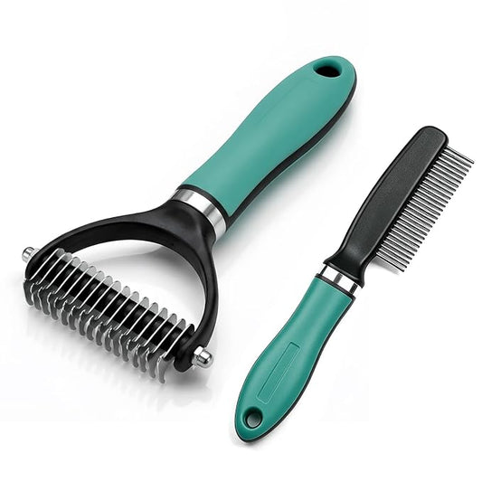 Dog Brush and Cat Deshedding Rake, Pet Grooming Tool for Shedding with Rounded Stainless Steel Teeth, Comfortable Grip for Long or Thick Coats (Green with Comb)